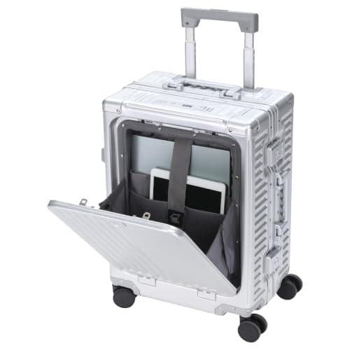 Aerolite Premium Aluminium Cabin Suitcase – Zipperless TSA Locks, USB Charging Port, Front Laptop Compartment & Fold-Up Bottle Holder – 55x38x23cm, 40L – Metal Hard Shell Carry On Hand Luggage Silver