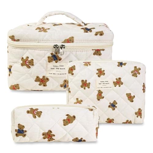 Aucuu 3PCS Coquette Makeup Bag, Quilted Makeup Bag for Women, Floral Cotton Cosmetic Bag Set, Large Capacity Aesthetic Floral Toiletry Bag, Travel Toiletry Bag, Wash Organizer Pouch for Women Girls