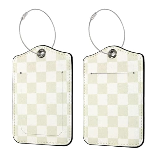 Ksriylm 2 Pack PU Leather Luggage Tags for Suitcases,Secure Travel Suitcase Tags with Privacy Flap and Metal Lanyard,Noticeable Waterproof Luggage Labels for Cruise Baggage Handbag,Beige Checked