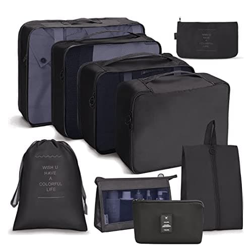 OSDUE Packing Cubes for Suitcases, 9PCS Travel Luggage Packing Organizers Waterproof Travel Essentials Bag Accessories Clothes Shoes Cosmetics Toiletries Storage Bags(Black)