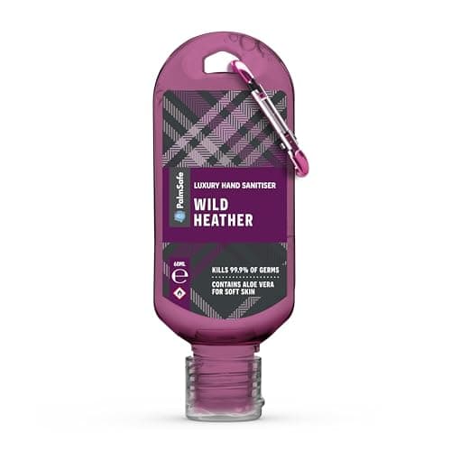Palm Safe Wild Heather 60ml Anti Bacterial Premium Hand Sanitiser Travel Size Refillable Clip Bottle Quick Drying Non Sticky Extra Moisturising Kills 99.9% of Viruses and Bacteria