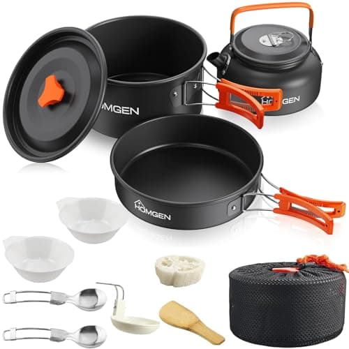 HOMGEN Aluminium Camping Cooking Set with Folding Cutlery for 2-3 People
