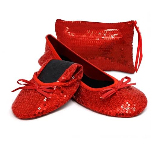 Silky Toes Women's Foldable Sequin Shoes Dressy Ballet Flats Roll Up Slipper Shoe with Matching Carrying Pouch, Red, Large