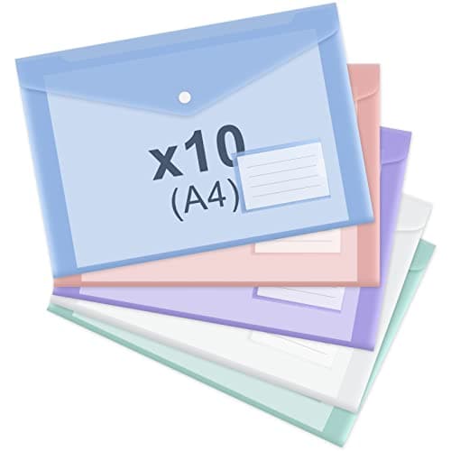 ASTARON 10 Pack A4 Plastic Envelopes Folders, Clear Document Folders Snap Envelopes, A4 File Folder with Label Pocket, for School Home Work Office, 5 Colors