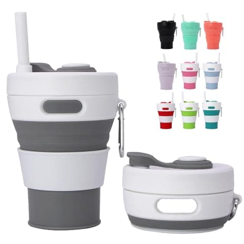 MORAINJAY Collapsible Coffee Cup with Lids,15oz/450ml Grey Silicone Portable Reusable Coffee Mug,Foldable Camping Travel Cup Fits in Your Pocket(Collapses to 6cm)