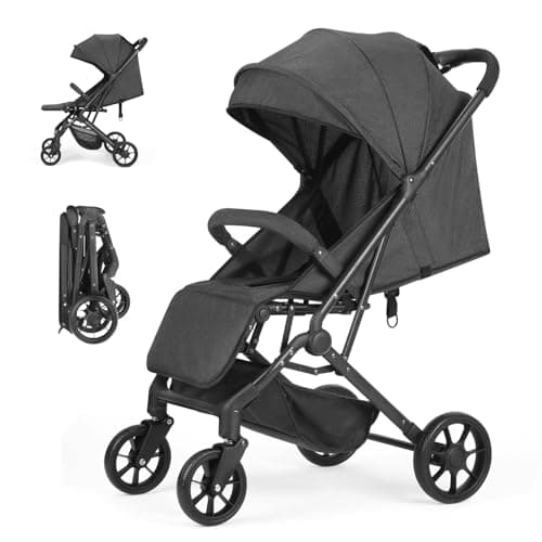 Convenience Baby Stroller – Lightweight & Compact Travel Umbrella Stroller, Quick One-Hand Fold, Lockable Rear Wheels, Adjustable Canopy, 5-Point Safety Harness & Shopping Basket (Black)