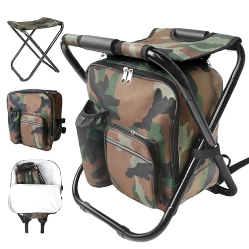 SDLDEER Foldable Camping Chair Backpack with Cooler Insulated Picnic Bag, Detachable Portable Camping Stool Hiking Seat Table Bag for Outdoor Indoor Fishing Travel Beach (Camouflage)