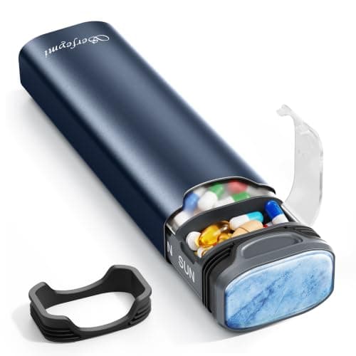 Weekly Pill Boxes 7 Day 1 Times A Day,Serfeymi Metal Pill Organiser(Spare Gasket Provide),Travel Tablet Dispenser,Daily Pill Case,Dosette Box,Medicine Holder for Medication,Supplement(Indiv Lid)-Blue