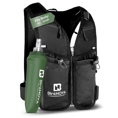 BlinkNova Running Vest with Phone Holder, Reflective Hydration Vest with Adjustable Waistband and Collapsible Water Bottle, Adjustable Unisex Hiking Accessories (Front Zipper - XS/S)