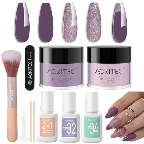 Aokitec Dip Powder Nail Kit, Deep Aubergine Cream & Mauve Shimmer Nail Powder with Dip Liquid for Nail Art, Dipping Acrylic Nail Kit for Holiday Travel, Nail Set Gift for Women & Girls