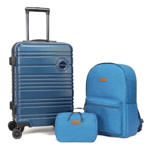 Aklsvion 20 Inch Suitcase Set PC Hard Shell Luggage Hand Luggage Travel Trolley Case Cabin Bag Sets 3 Piece Luggage Sets with Travel Backpack and Toiletry Bag for Short Travel (Navy Blue)