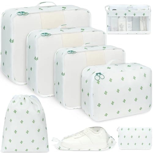 BAGAIL 8-Piece Packing Cubes Set, Travel Organizers with Breathable Mesh & Shoe Bag, Lightweight Nylon Packing Organisers for Luggage Suitcase, 9 Colors - Cactus