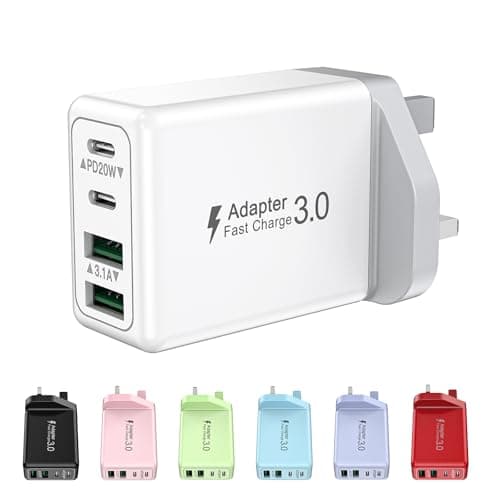 USB C Plug Fast Charge, 40W 4-Port Multi USBC Plugs UK Dual PD Power Adapter +QC Multiport Wall Charger Head Mains Type C Fast Charging Plug for iPhone 17 16 15 14 13 12 11 Pro Max Plus, Samsung, iPad