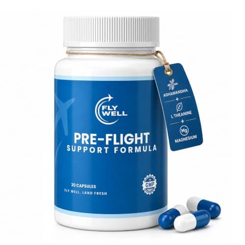 FlyWell Pre-Flight Support Capsules — Travel Supplement with Ashwagandha, Electrolytes, Magnesium, & L-Theanine | Jet Lag, Hydration & Calm Support | GMP Certified | 30 Capsules