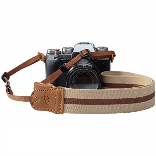 Padwa Lifestyle Beige Brown Stripe Camera Strap - 1.5" Wide Crazy Horse Cowhide Ends Camera Straps for All DSLR Cameras,Universal Adjustable Pure Cotton Woven Strap,Great Gift for Photographers