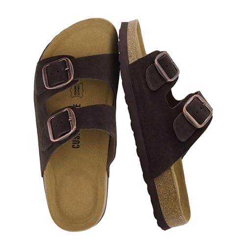 CUSHIONAIRE Logo 100% Genuine Leather Suede Slides for Women, Cushioned Cork Footbed Womens Sandals with Adjustable Buckles and Memory Foam, Chocolate, 6