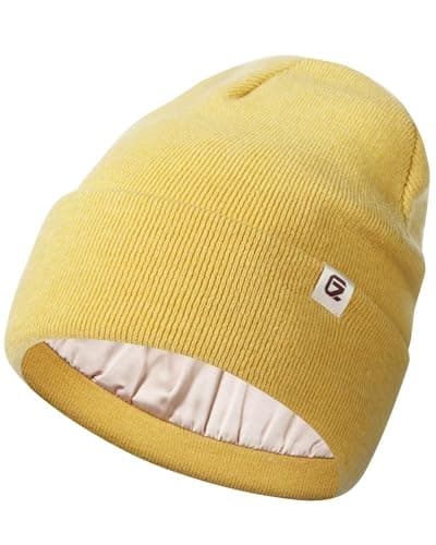 GADIEMKENSD Satin Lined Knit Beanie Hat Men Women Winter Thermal Anti-Static Anti-Pilling Woolly Hats Heated Soft Hair Care Skull Cap for Cycling Travel Running Skiing Golf Walking Yellow