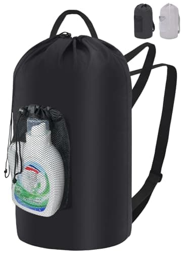 IHOMAGIC Travel Laundry Bag with Pocket, 95L Foldable Laundry Basket, Hanging Laundry Hamper with Shoulder Straps, Sturdy Travel Backpack, Large Storage Bag for Camping, Dorm, Apartment, Black