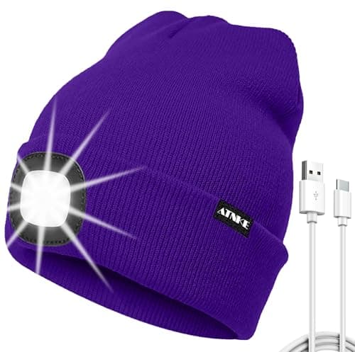ATNKE LED Lighted Beanie Hat, USB Type C Rechargeable 4 LED Running Headlamp Ultra Bright Cap with Light Hands Free Head Torch Winter Warm Knit Beany Gifts for Men and Women/Purple