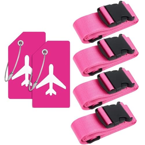 SCHUMAOYI 4 Pcs Adjustable Luggage Straps + 2 Tags Pink Travel Belt