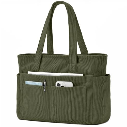 oscaurt Corduroy Tote Bags for Women 13 Pockets Handbag Large Teacher Nurse Work Bag Ladies Shoulder with Zipper for College Travel Shopping Daily Use