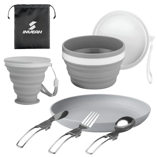 INVEAH Camping Plates and Bowls Set - 7 Pcs Foldable Travel Cutlery Utensils for Picnic Outdoor - Camping Mess Kit Include Stainless Steel Knife, Spoon, Fork Cutlery Set, Cup, Bowl, Plate with Bag