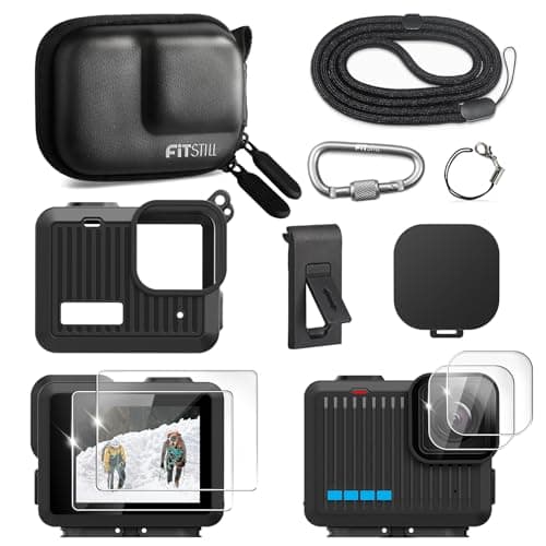 FiTSTILL PU Mini Carrying Case&Silicone Sleeve Rubber Protective Case for Go Pro Hero 4K 2024,Replace Battery Side Cover&Lens Caps&Lanyard&Screen Protectors for Hero4K Action Camera Accessories Kit