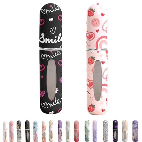 Syyflibb Refillable Perfume Atomizer Travel Bottles– Portable Leakproof Mini Sprayer for Cologne & Essential Oils, Plastic Empty Perfume Bottles with Unique Patterns (Black and Pink Lover Set)