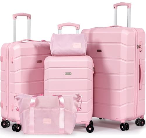 H.yeed Luggage Sets of 5 Piece, Lightweight Trolley Travel Suitcase Set ABS Hard Shell with 4 Spinner Wheels TSA Lock for Man Women, 21" + 24" + 28"+ Duffels Bag & Toiletry Bag (Pink, 5 Piece Set)
