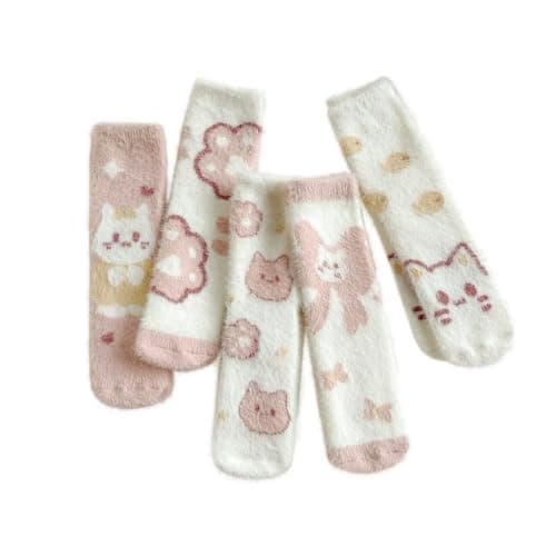 Sillictor 5 Pairs Thermal Socks for Women and Girls,Thick Warm Fluffy Socks Womens 4-7 Ladies Slipper Socks Fleece Cosy Bed Socks Soft Animal Socks for Sleep Walking 23016 23009 Pink Cat