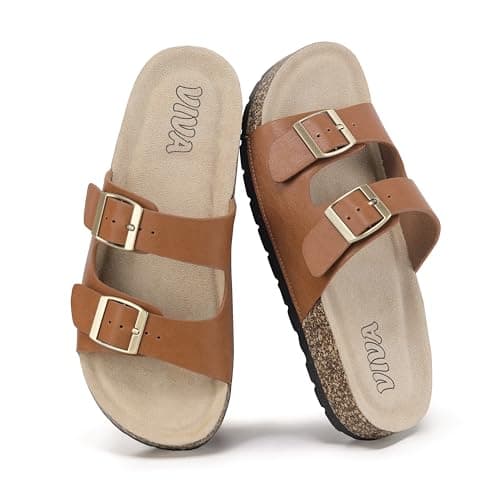 VIVASHOES Women’s Double Buckle Cork Footbed Sandals - Adjustable Flat Slide Sandals for Ladies - Comfortable Open Toe Summer Slippers - Mocha UK 5