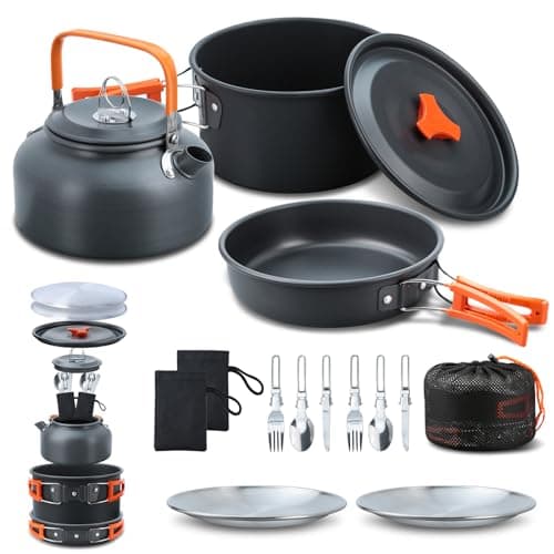 Lixada Camping Cookware Kit - 16pcs Stainless Steel Cookware Set with Plates, Forks, Knives, Spoons for Outdoor Cooking and Picnic for 1-2 People