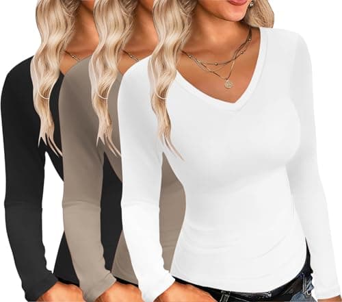 Ekouaer Womens 1&3 Pack Long Sleeve Shirts Sexy V Neck Tee Black + Grey Brown + White S