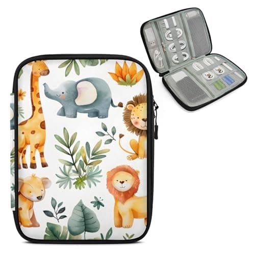Mintoprints Safari Animals Electronics Travel Organizer Case, Giraffe Lion Elephant Tech Organizer Pouch Cord Storage Bag for Phone, Cable, Charger, Accessories