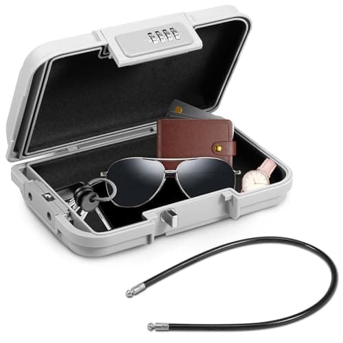 Portable Combination Lock Box Resettable 4 Digit Waterproof Code Lock Box Compact Travel Cash Security Case w/Removable Steel Cable for Travel Hotel Beach
