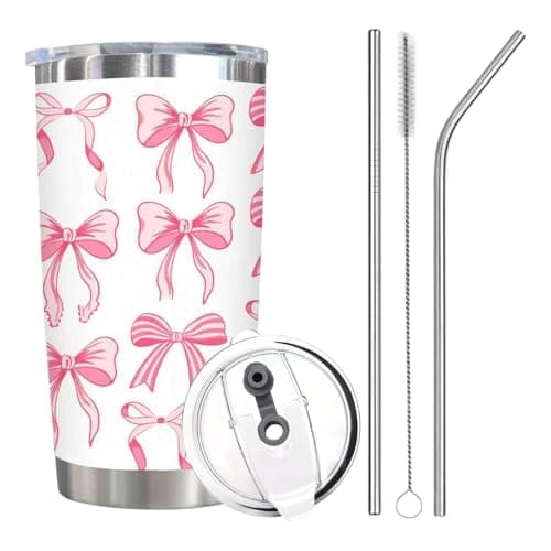 Bow Water Bottle, Stainless Steel Hot and Cold Water Bottle with Straw, Cute Thermos Travel Mug, Portable Coffee Cup for Office, Car, Bow Bottle Gift for Girls, Kids, Friends, 20 OZ