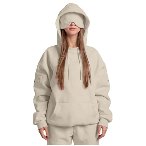 Ewleguzka Travel Hoodie with Eye Mask Built In,Comfrt Airplane Wearable Blanket Hoodie for Adults Men Women 4 Pockets Beige