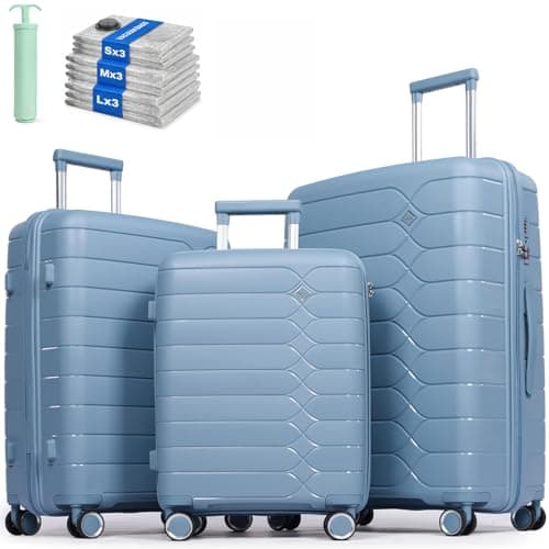H.yeed 3 Piece Suitcase Set PP Hard Shell Luggage Set Lightweight Carry on Travel Hand Luggage with Spinner Wheels & TSA Lock 20" 24" 28" (Light Blue, 3 pcs Set)