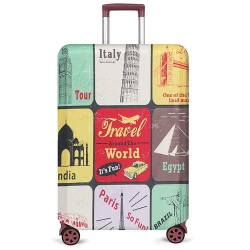Minicoco Luggage Cover Reinforced Suitcase Cover for 22-28 Inch Suitcases, Travel Landmark Patterned Luggage Protector, Elastic Suitcase Cover Dustproof, Scratch-Resistant, Reusable (M(22-24 Inch))
