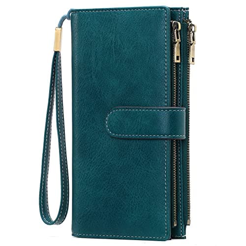 GOIACII Ladies Large Purse Soft Leather Women's Wallet, 2 Zipper Coin Phone Pockets, Detachable Wrist Strap, 5 ID Windows, RFID Blocking Travel Credit Card Holder, Teal