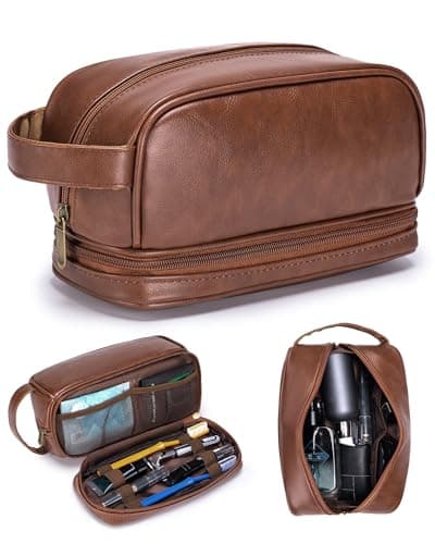 Approved Vegan Leather Toiletry Bag for Men, Travel Essentials Shaving Dopp Kit with 180° Drop-Bottom Opening, Compact Grooming Organiser for Business Trips and Gym