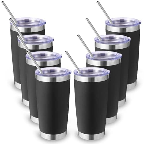 Volhoply 20oz 550ml Travel Insulated Tumbler with Lid and Straw Bulk 8 Pack, Double Wall Stainless Steel Coffee Mug Fits Cup Holder,Powder Coated Cups for Hot & Cold Drinks, BPA Free(Black,8 Set)