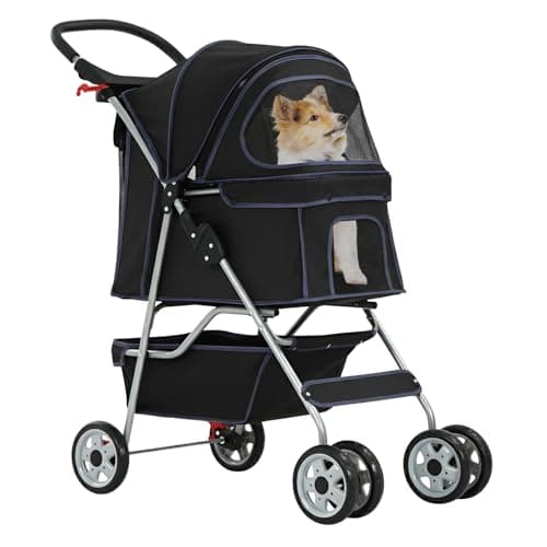 BestPet 4-Wheel Pet Stroller Dog and Cat Stroller Breathable Mesh Lightweight Travel Carrier Waterproof & Foldable Design Storage Basket for Daily Walks & Outdoor Use,Black