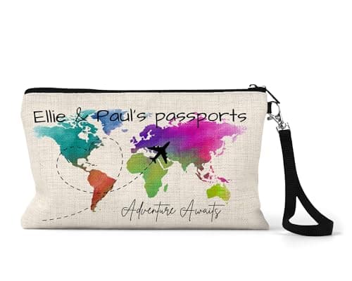 UNIQUEPGIFTS Personalised Travel Gift for Couples – Passport Holder Pouch, Honeymoon & Gap Year Essentials, Travel Accessories for Women, Travel Bag, 15 x 24cm with Strap