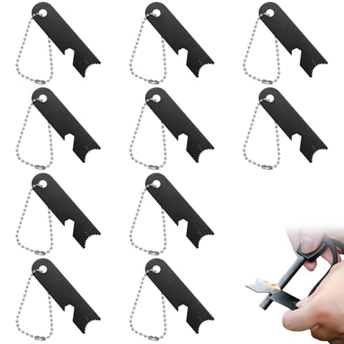 Eowppue Flint Scrapers 10 Pack, High Carbon Steel Fire Starter Strikers with Serrated Edge, Bottle Opener and Ball Chain, Compact 10 g Camping Hiking Survival Gear