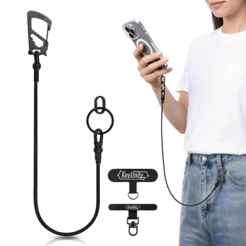 KeyUnity KC05 Cell Phone Lanyard, Anti Theft Phone Strap with Multi-Tool Carabiner, Keychain Lanyard Stretchy Tether (Black)