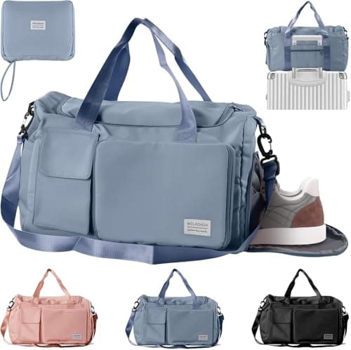 BREEZENEST Gym Bag Womens Foldable 48×27×32cm – Travel Duffel in Oxford Fabric, Gym Bag with Shoe Compartment & Maternity Bag (Blue)
