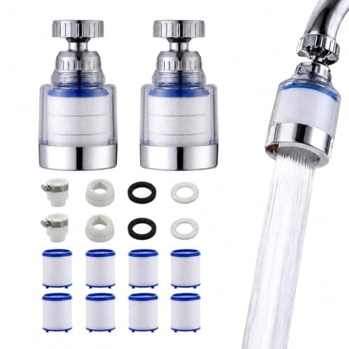 VZU Pack of 2 Tap Filters, 360° Water Filter Tap with 8 Filter Elements and Universal Adapter, Water Filter Drinking Water, Universal Adapter for Sink, Kitchen, Bathroom