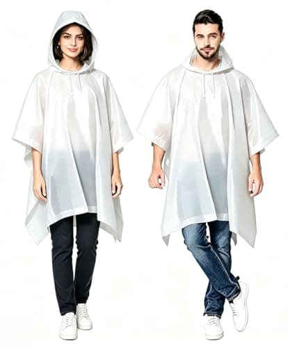 JXJIUA 2 Pack Rain Ponchos for Men/Women Waterproof Reusable Emergency Raincoats with Hoodand Drawstring -Lightweight Ponchos White