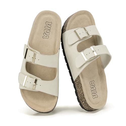 VIVASHOES Women’s Double Buckle Cork Footbed Sandals - Adjustable Flat Slide Sandals for Ladies - Comfortable Open Toe Summer Slippers - Cream UK 4
